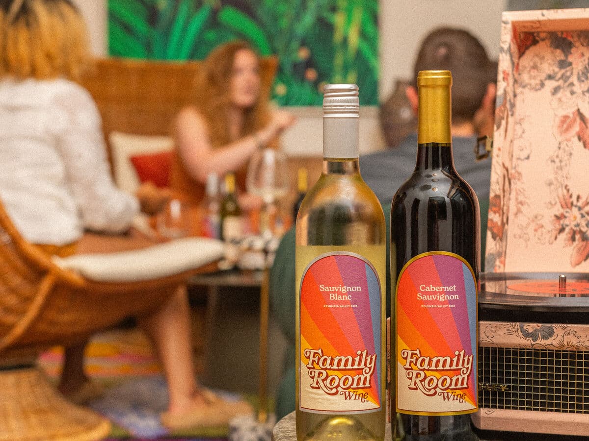 Family Room Sauvignon Blanc and Cabernet Sauvignon next to a record player