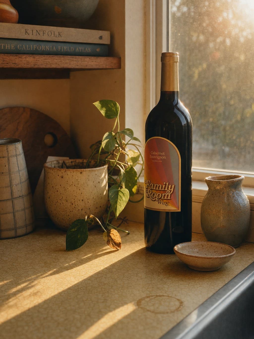 A bottle of Family Room Cabernet Sauvignon on a sunlit kitchen windowsill