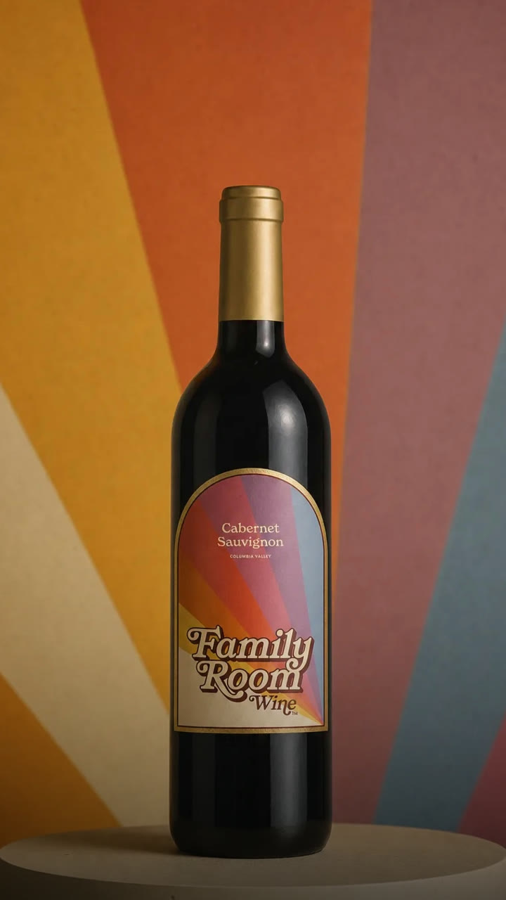 Bottle of Family Room 2023 Cabernet Sauvignon against a rainbow sunburst wall